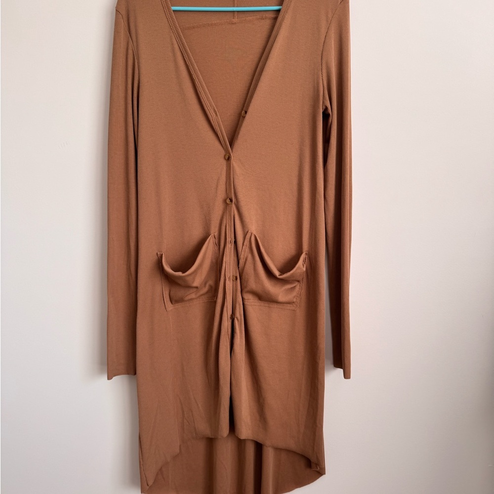 Brown Buttoned Long Sleeve Plunge Cardigan